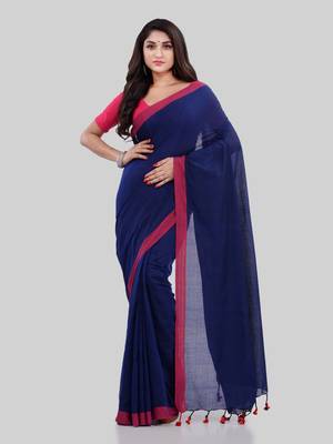 Light navy blue woven cotton saree with blouse 1
