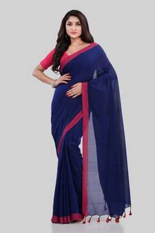 Light navy blue woven cotton saree with blouse