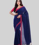 Light navy blue woven cotton saree with blouse
