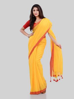 Yellow woven cotton saree with blouse 4