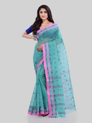 Turquoise Woven Cotton Saree Without Blouse 2