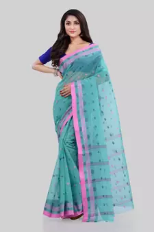 Turquoise Woven Cotton Saree Without Blouse
