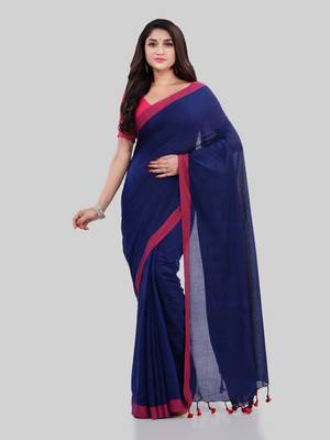 Light navy blue woven cotton saree with blouse 2