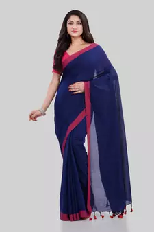 Light navy blue woven cotton saree with blouse