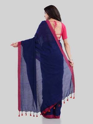 Light navy blue woven cotton saree with blouse 3