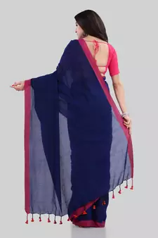 Light navy blue woven cotton saree with blouse
