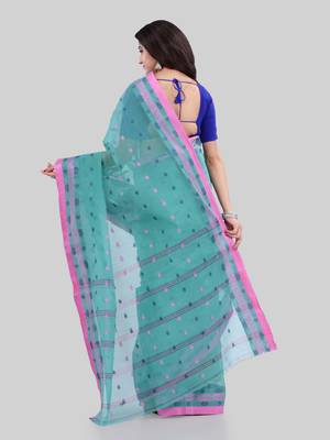 Turquoise Woven Cotton Saree Without Blouse 3