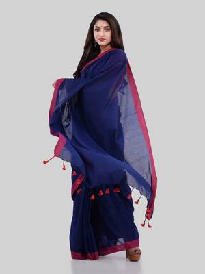 Light navy blue woven cotton saree with blouse 4