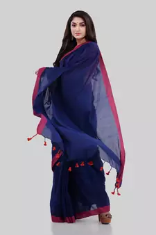 Light navy blue woven cotton saree with blouse