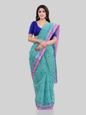 Turquoise Woven Cotton Saree Without Blouse 4