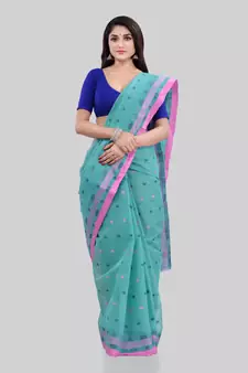 Turquoise Woven Cotton Saree Without Blouse