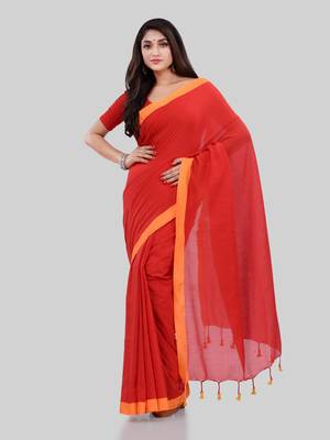 Red woven cotton saree with blouse 1