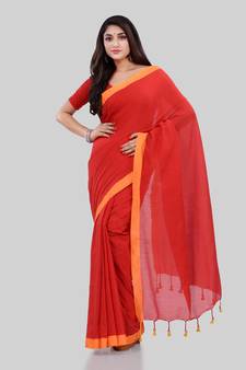 Red woven cotton saree with blouse