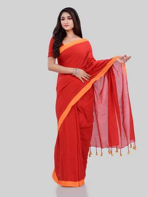 Red woven cotton saree with blouse 2