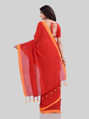 Red woven cotton saree with blouse 3