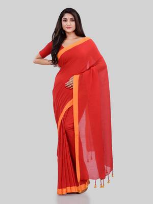 Red woven cotton saree with blouse 4