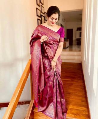 Purple Woven Kanjivaram Silk Saree With Blouse Piece 3