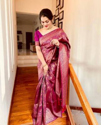Purple Woven Kanjivaram Silk Saree With Blouse Piece 4