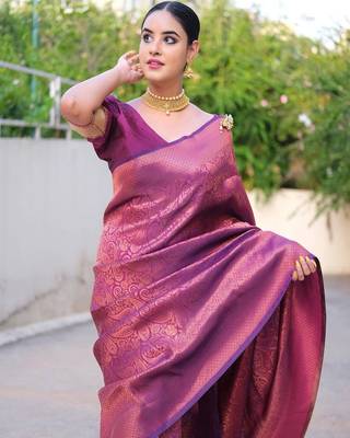 Purple Woven Faux Faux Kanjivaram Silk Saree With Blouse Piece 2
