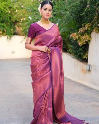 Purple Woven Faux Faux Kanjivaram Silk Saree With Blouse Piece 3