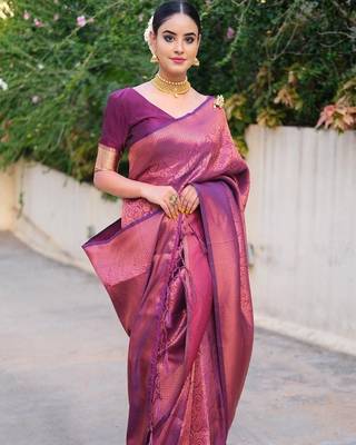 Purple Woven Faux Faux Kanjivaram Silk Saree With Blouse Piece 4