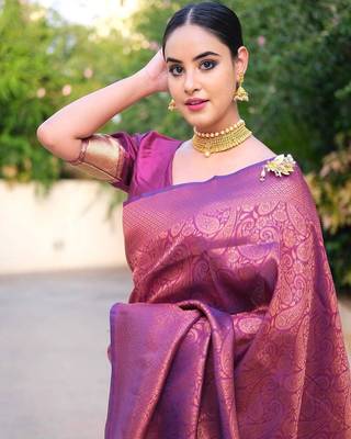 Purple Woven Faux Faux Kanjivaram Silk Saree With Blouse Piece 5