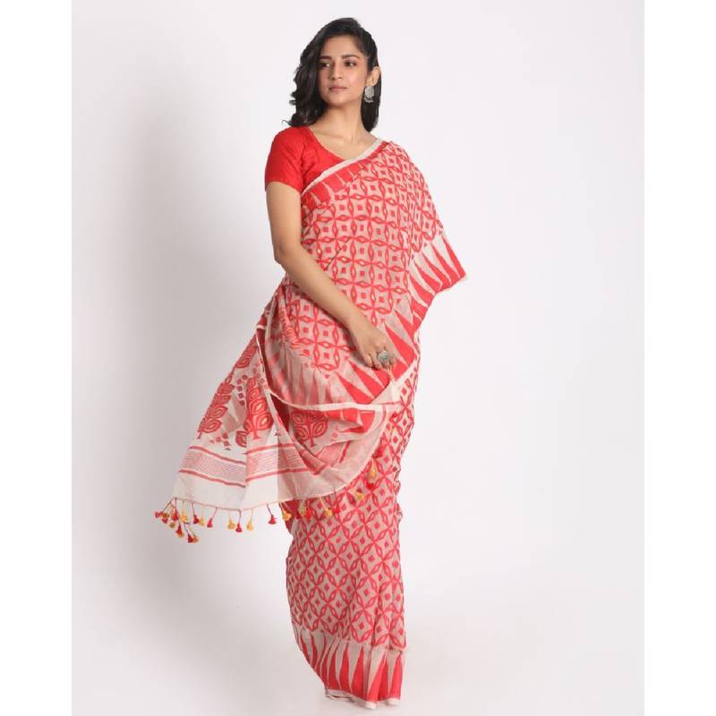 Beige Red Cotton Silk Jamdani Saree Without Blouse
