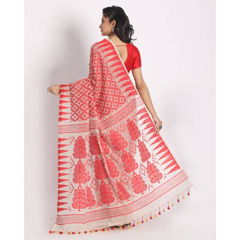 Beige Red Cotton Silk Jamdani Saree Without Blouse
