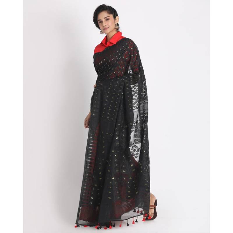 Black Red Cotton Silk Jamdani Saree Without Blouse