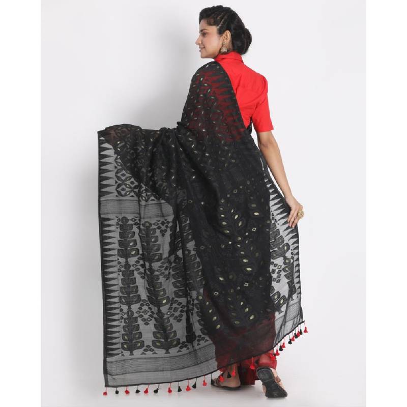 Black Red Cotton Silk Jamdani Saree Without Blouse