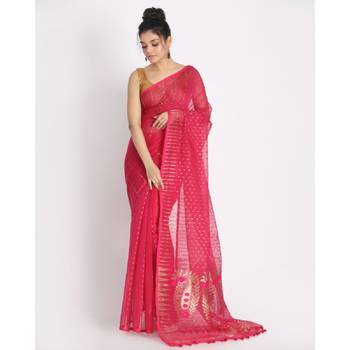 Rani Pink Cotton Silk Jamdani Saree Without Blouse 1