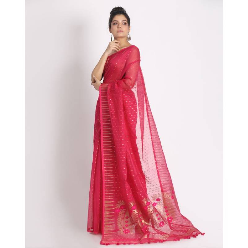 Rani Pink Cotton Silk Jamdani Saree Without Blouse