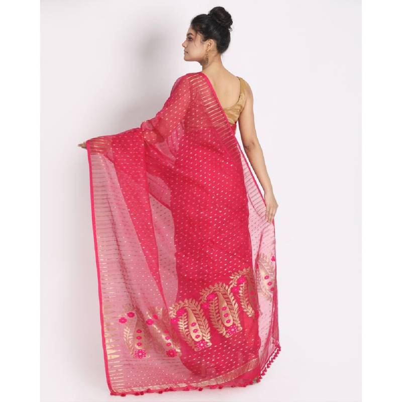 Rani Pink Cotton Silk Jamdani Saree Without Blouse