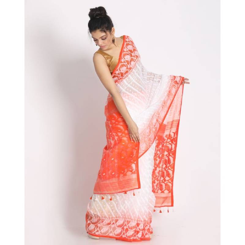 White Cotton Silk Jamdani Saree Without Blouse