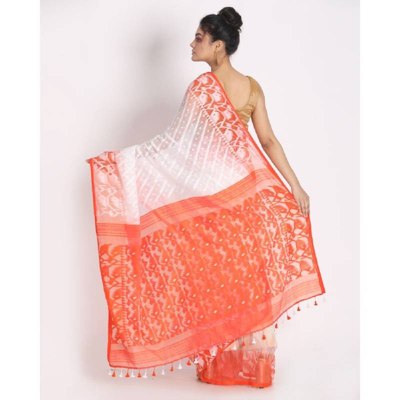 White Cotton Silk Jamdani Saree Without Blouse