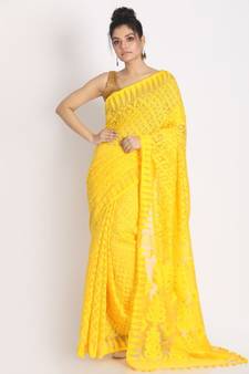 Yellow Cotton Silk Jamdani Saree