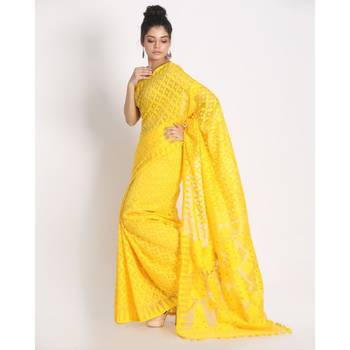 Yellow Cotton Silk Jamdani Saree 2