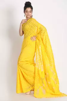Yellow Cotton Silk Jamdani Saree