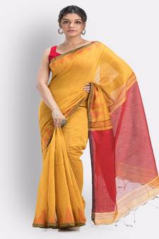 Yellow Cotton Blend Handloom Saree