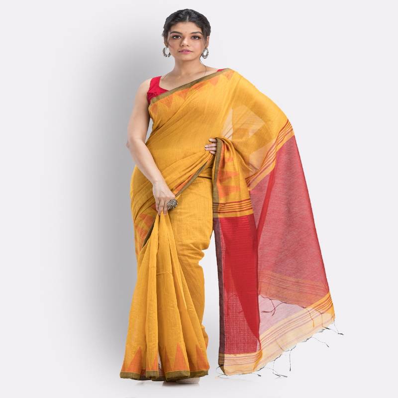 Yellow Cotton Blend Handloom Saree
