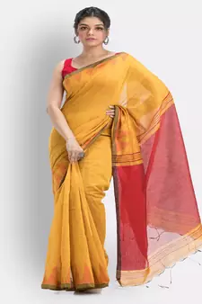 Yellow Cotton Blend Handloom Saree