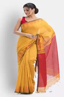 Yellow Cotton Blend Handloom Saree