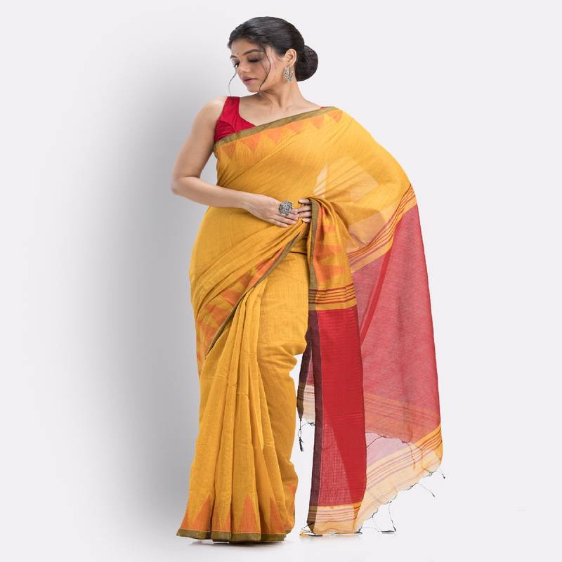 Yellow Cotton Blend Handloom Saree