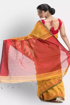 Yellow Cotton Blend Handloom Saree