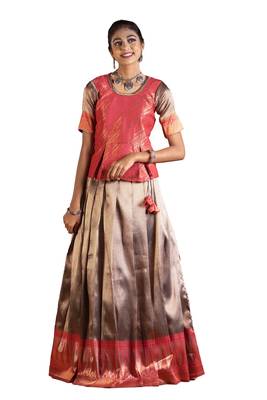 dark peach silk blend pavadai set with solid work 1