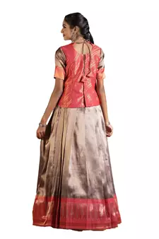 dark peach silk blend pavadai set with solid work