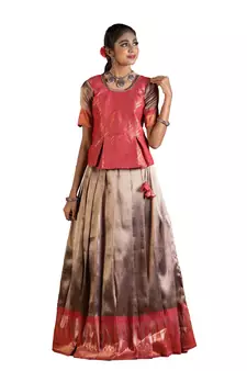 dark peach silk blend pavadai set with solid work