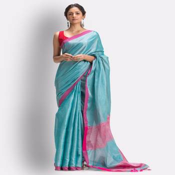 Turquoise Hand Woven Cotton Blend Tissue Saree 1