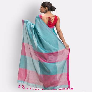 Turquoise Hand Woven Cotton Blend Tissue Saree 2
