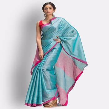 Turquoise Hand Woven Cotton Blend Tissue Saree 3